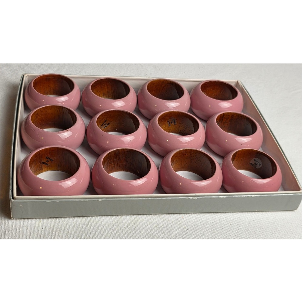 Vintage Pink Lacquered Wood Napkin Rings Set of 12 Made in India Retro MCM